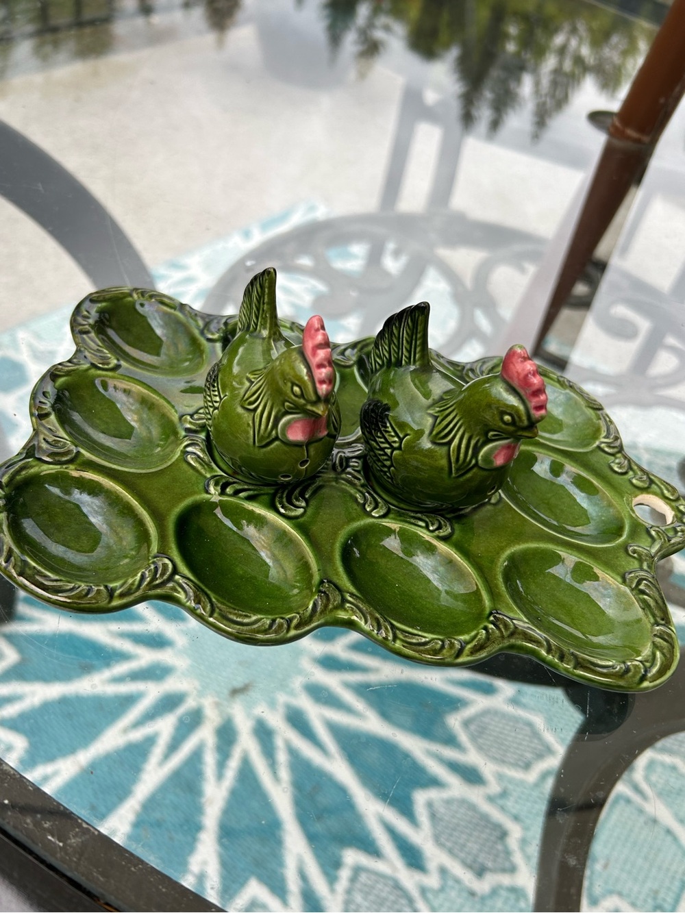 Vintage Mid Century 1960’s Ceramic  Egg Tray with Chicken Salt & Pepper Shakers